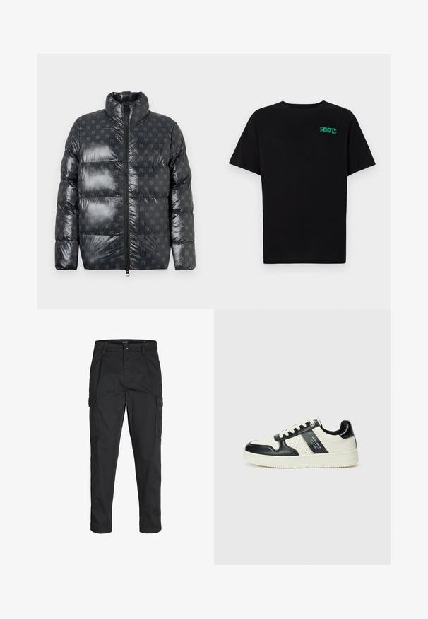 Puhumanteli tummanharmaasta kiiltävästä materiaalista, jossa on korkea kaulus, hillitty logo-kuviointi ja täyspitkä vetoketju edessä.; Mustat t-paidat, jotka on valmistettu puuvillasta ja joissa on lyhyet hihat. Edessä vihreä "ROOTS"-logo, pyöreä kaula-aukko ja normaali istuvuus.; Mustat cargo-housut, jotka on valmistettu kestävästä kankaasta. Housuissa on useita taskuja, nappisulku ja kapea istuvuus, jossa on kapenevat lahkeet.; Nahkakengät musta-kerma värimaailmassa, joissa on rei'itetyt yksityiskohdat, pehmustettu nilkkaosa ja teksturoitu pohja.