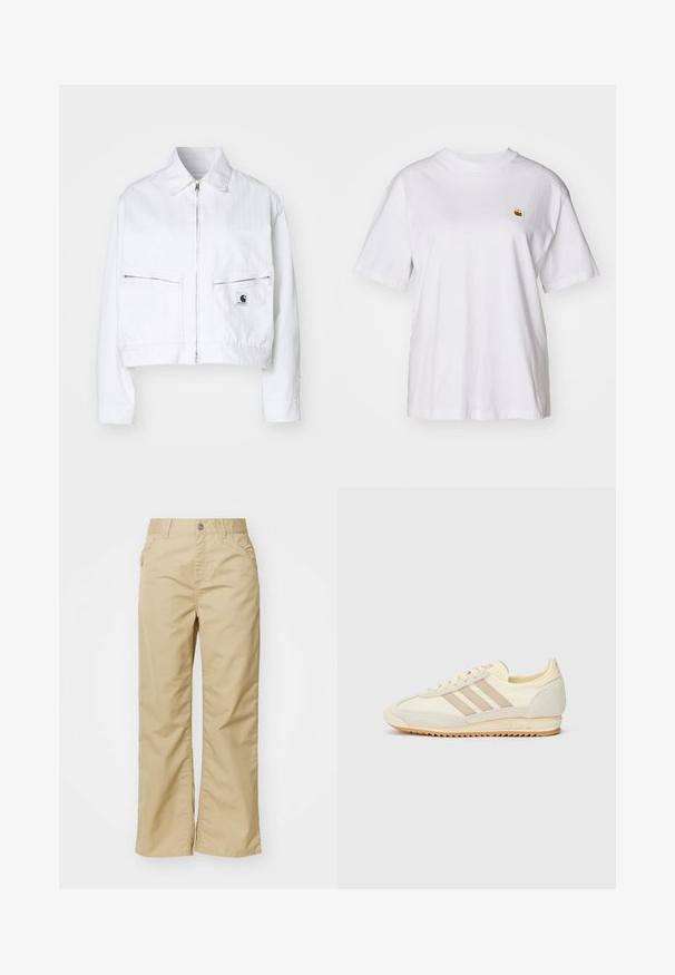 Valkoinen lyhyt takki, joka on valmistettu puuvilladenimistä. Siinä on edessä vetoketju, terävä kaulus ja kaksi rintataskua vetoketjulla. Brändilogo taskussa.; Valkoinen puuvillapaita rentoa istuvuutta, lyhyet hihat ja pieni kirjailtu logo vasemmassa rinta-alueessa.; Valkoinen puuvillainen leveälahkeinen housut, joissa on sileä pinta, edessä taskut ja hopeinen nappi vyötäröllä.; Kerman urheilukengät, joissa on kolme beigeä raitaa, mokkanahkaa ja tekstiilimateriaaleja, kuvioitu pohja ja kohokuvioitu brändäys kantapäässä.