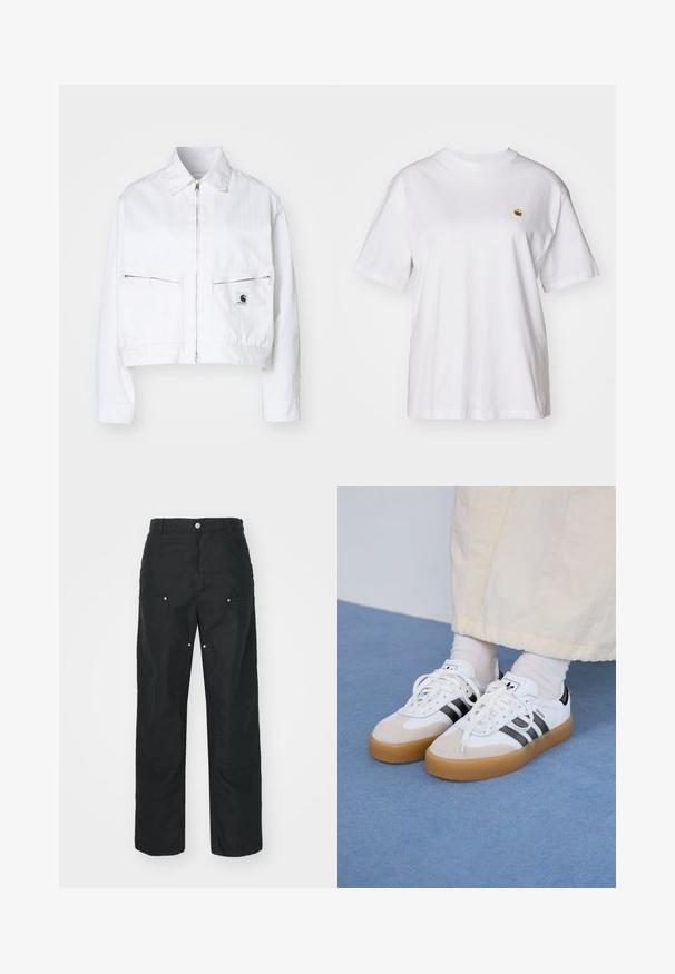 Vit kort jacka i bomullsdenim. Har en framfick med dragkedja, spetsig krage och två bröstfickor med dragkedjor. Logotypen för märket på fickan.; Vit bomull t-shirt med avslappnad passform, korta ärmar och en liten broderad logotyp på vänster bröstområde.; Svarta byxor med rak bendesign, tillverkade av ett texturerat tyg. Har dekorativ silverhardware och unik sömdetaljering.; Vita sneakers med svarta ränder och beige mockadetaljer. Har en texturerad gummisul och platta vita skosnören, bärs med ljusa strumpor.