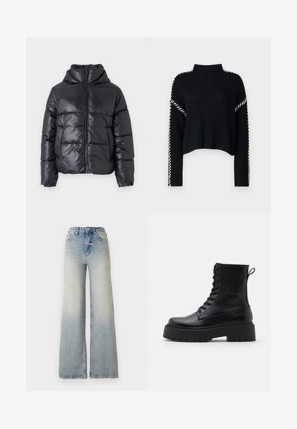 Čierna nadýchaná bunda so lesklým povrchom, na zips vpredu a vysokým golierom. Obsahuje horizontálne prešívaný vzor a elastické manžety.; Vero Moda VMNEWCREAM FUNNELNECK PULLOVER - Svetrík - black/birch; Svetlomodré džínsy s širokými nohavicami vyrobené z denimu, s vysokým pásom, piatimi vreckami a viditeľnými stehmi pozdĺž švov.; Čierne kožené členkové topánky s okrúhlou špičkou, šnurovaním vpredu a hrubou gumovou podrážkou s textúrovaným vzorom. Sťahovací pútko na zadnej strane.