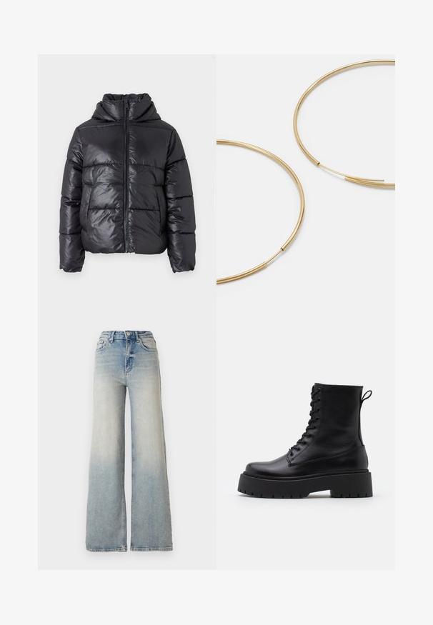 Črna napihnjena jakna s sijočim zaključkom, z zadrgo na sprednji strani in visokim ovratnikom. Ima horizontalni quilted vzorec in elastične manšete.; Vero Moda VMNEWCREAM FUNNELNECK PULLOVER - Pulover - black/birch; Svijetloplave široke traperice s visokim strukom, koje imaju pet džepova i vidljivo šivanje uz šavove.; Črne usnjene gležnjarje z okroglo konico, vezalnim sprednjim delom in debelim gumijastim podplatom z teksturiranim profilom. Zanka na hrbtni strani.; Zlate obroče ušesne uhane, tanke in krožne oblike, z gladko kovinsko površino brez okrasnih elementov ali vzorcev.