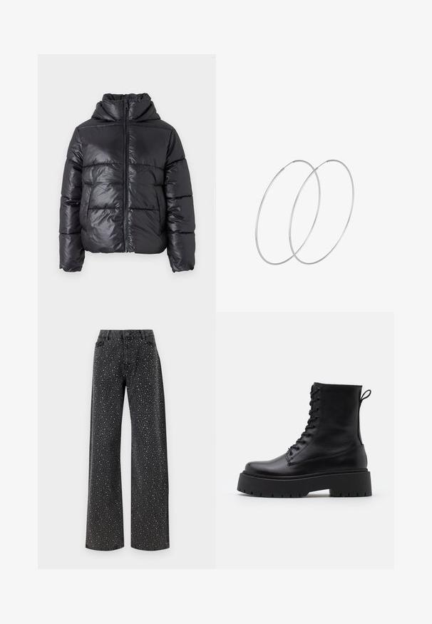 Čierna nadýchaná bunda so lesklým povrchom, na zips vpredu a vysokým golierom. Obsahuje horizontálne prešívaný vzor a elastické manžety.; VILA VIPEARL O NECK - Svetrík - black; Noisy May NMJANNEL LOOSE - Džínsy voľného strihu - black denim; Čierne kožené členkové topánky s okrúhlou špičkou, šnurovaním vpredu a hrubou gumovou podrážkou s textúrovaným vzorom. Sťahovací pútko na zadnej strane.; Strieborné kruhové náušnice s minimalistickým dizajnom. Cirkulárny tvar, hladký povrch a tenký profil. Ľahké s lesklým povrchom.