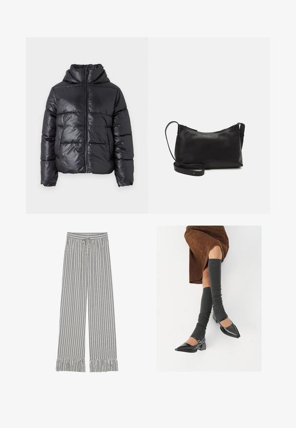Casaco acolchoado preto com acabamento brilhante, fecho de correr na frente e gola alta. Apresenta um padrão acolchoado horizontal e punhos elásticos.; T-shirt branca curta feita de algodão, com mangas curtas, um decote redondo e uma bainha reta, apresentando uma textura suave e um design minimalista.; Calças largas listradas com bainha franzida, com cintura ajustável e uma mistura de listras verticais pretas e brancas.; Sapatos pretos de pele lacada com biqueira pontuda, salto bloco e tiras no tornozelo, combinados com caneleiras cinzas em malha e uma saia de camurça castanha.; Bolsa de ombro em pele preta com textura suave, forma curva, alça ajustável e fecho com zip. Design minimalista sem adornos.