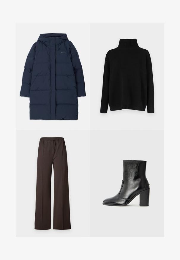 Mornarška puhovka s kapuco, z zadrgo spredaj, širokimi rokavi in pravokotnim kviltanim vzorcem. Logotip blagovne znamke na zgornji levi strani.; Črni pleteni pulover z visokim rebrastim ovratnikom, spuščenimi rameni in sproščenim krojem. Ima rebraste manšete in spodnji rob za dodatno teksturo.; Hlače širokih nogavica iz temno rjave tkanine z elastičnim pasom, ki se ponašajo z gladko teksturo in čistimi linijami za elegantno podobo.; Črne usnjene gležnarske čevlje z gladko teksturo, koničastim nosom in debelim visokim petam. Imajo stransko odprtino in minimalističen dizajn.