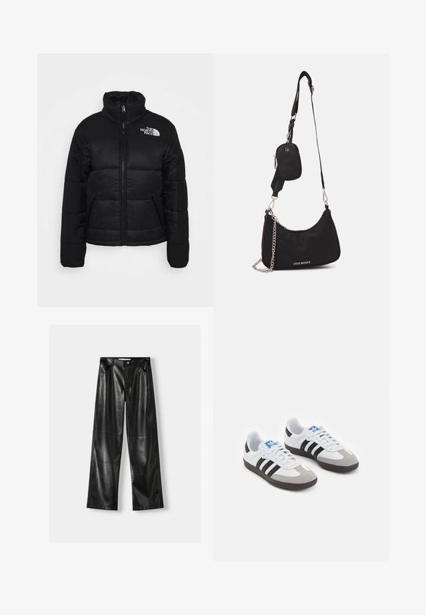 Giacca piumino nera realizzata in tessuto trapuntato, con colletto alto, zip frontale e tasche con zip. Logo visibile sulla spalla sinistra.; Due magliette a maniche lunghe: una nera e una bianca. Entrambe presentano un collo rotondo e una texture liscia e a coste. Etichetta del marchio visibile all'interno del collo.; Pantaloni larghi in pelle nera con una texture lucida, dotati di due tasche frontali, chiusura con bottone e dettagli delle cuciture ben visibili.; Scarpe sportive con tomaia in pelle bianca, punta in suede grigia e tre strisce nere. Presentano un logo blu sulla linguetta e una suola in gomma testurizzata.; Borsa a spalla nera in nylon con forma curvata, accentata da una catena argentata, con pochette mini removibile e tracolla regolabile; presenta il logo "Steve Madden".