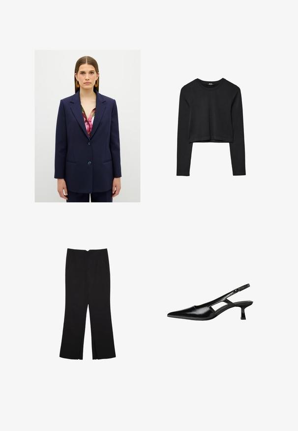 Námořnická blejzr s klopami, zavírání na jeden knoflík, dvě přední kapsy a texturovaná tkanina. Nosit na barevném blůze.; Černý dlouhý rukáv cropped top s kulatým výstřihem, jednoduchý design a mírně zaoblený lem.; Černé kalhoty s rovným střihem, s předními kapsami a bočními rozparky na lemu. Vyrobené z jemné, hladké tkaniny. Vhodné na různé příležitosti.; Černé lakované lodičky na podpatku se špičatou špičkou, výřezovým designem na boku a malým čtvercovým podpatkem. Hladká textura s minimálními akcenty.