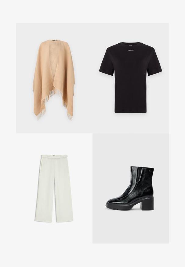 Beige omslag gjort av mjukt tyg som har en öppen framsidan, fransiga kanter och ett subtilt bladmönster på insidan.; Svart bomulls t-shirt med korta ärmar, rund halsringning och liten vit "Calvin Klein" logotyp vid bröstet. Slät textur, klassisk passform.; Vita byxor i ljus krämig tyg, med sidofickor, platt fram och en enda knappstängning vid midjan. Slät struktur.; Svarta lacklädersankelstövlar med rundad tå, elastiska sidopaneler och en chunky klack. Har en präglad logotyp på baksidan.