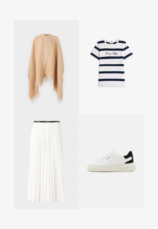 Bež šall, mis on valmistatud pehmest kangast, avatud esise disainiga, servades frantsiisid ja õrn lehe muster seestpoolt.; Puuvillane T-särk horisontaalsete tumesiniste triipudega valgel taustal. Rinnal on kiri "Tommy Hilfiger" kantud kursiivis. Ümmargune kaelus.; Kurtitudega valge seelik musta elastse vööga, millel on "LACOSTE" logo. Keskmise pikkusega disain pehme tekstuuriga.; Valged nahast tennisetossud paksu valge tallaga, musta sametist kontsakeeuga ja külje peal riigilogo reljeefne kujundus. Lukkeskeem kuue silmaauguga.