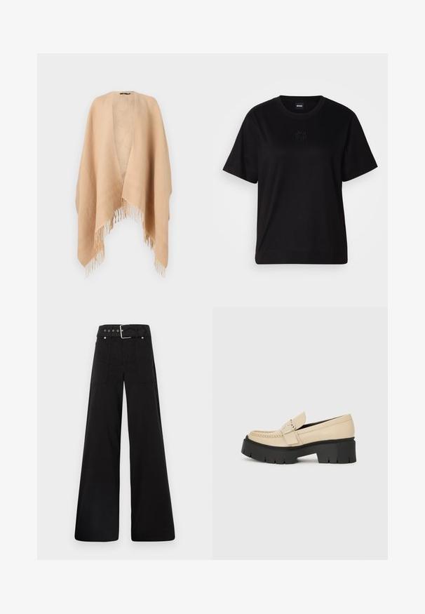 Beige omslag gjort av mjukt tyg som har en öppen framsidan, fransiga kanter och ett subtilt bladmönster på insidan.; Svart bomullströja med rund halsringning, korta ärmar och en broderad logotyp på bröstet. Enkel, avslappnad passform utan mönster.; Svarta vida byxor i bomull med hög midja, stora sidofickor och bälte med silverdetaljer.; Beige läderloafers med svart kraftig sula, med en dekorativ spänne och sömdetaljer på framsidan. Sidovy.