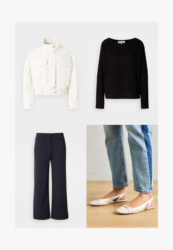 Copenhagen Muse BOMMI - Bomber jakna - jet stream; Črna majica z dolgimi rokavi, izdelana iz mehkega materiala, s širokim okrogłym izrezom in sproščenim krojem, brez vidnih vzorcev ali dodatkov.; Široke hlače iz temno modrega blaga. Imajo raven sprednji del, obrobo za pas in stranske žepke. Material je gladek z rahlo elastičnostjo.; Svijetloružičaste slingback balerinke s šiljastim nožnim prstima, napravljene od glatkog materijala nalik koži. Imaju izrezane detalje sa strane i ravne pete.