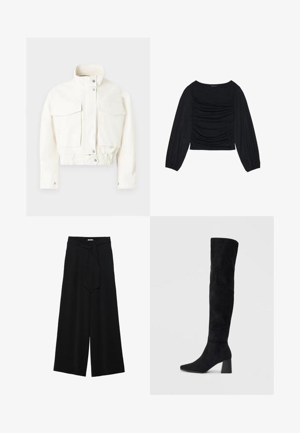 Copenhagen Muse BOMMI - Chaquetas bomber - jet stream; Top negro de manga larga con detalle de tela fruncida en la parte delantera y en las muñecas, confeccionado en un material suave y elástico con escote barco.; Pantalones de pierna ancha negros con un tejido texturizado, una cinturilla elástica y un lazo desmontable en la cintura para un ajuste ajustable.; Bota de ante negra hasta la rodilla con tacón cuadrado, puntera afilada y diseño liso y sin costuras sobre un fondo claro.
