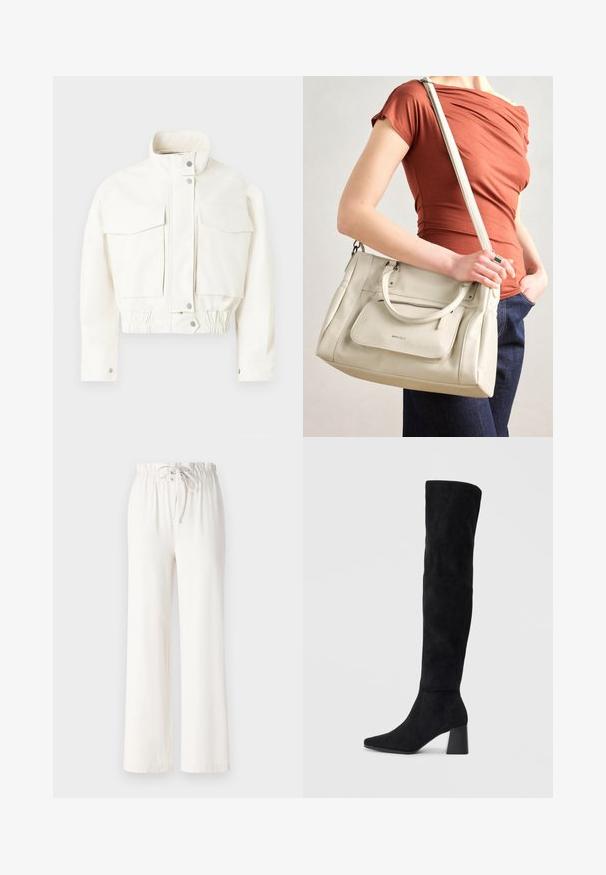 Copenhagen Muse BOMMI - Blouson Bomber - jet stream; T-shirt blanc à manches courtes avec un large col rond et un motif côtelé texturé, fabriqué en tissu doux, présentant une coupe décontractée et un design épuré.; Pantalon large blanc en tissu doux, avec une taille à cordon de serrage et une texture lisse. Aucun motif ni embellissement visible.; Botte noire en daim montée jusqu'au genou, avec un talon bloc, un bout pointu et un design lisse et sans couture sur un fond clair.; Sac à main en cuir blanc avec des poignées doubles et une bandoulière amovible, doté d'une poche zippée à l'avant et d'une texture lisse. Porté au bras d'une personne.