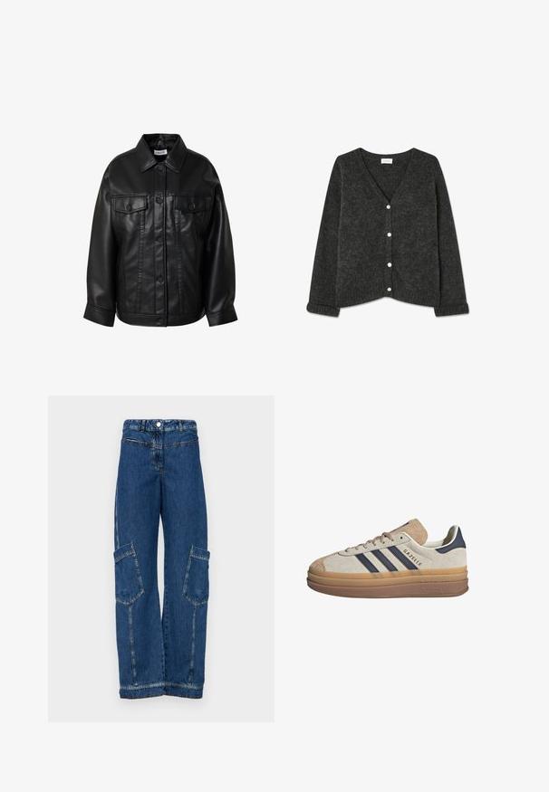 Schwarze Lederjacke mit einer Knopfleiste, zwei Brusttaschen und einem klassischen Kragen. Hat eine lässige Passform und eine glatte Textur.; Dunkelgrauer Strickcardigan mit V-Ausschnitt, fünf Knöpfen, gerippten Bündchen und Saum, weicher Textur und lässiger Passform.; Weißes Baumwoll-T-Shirt mit kurzen Ärmeln, Rundhalsausschnitt und einem kleinen schwarzen Logotag an der unteren linken Seite. Glatte Textur, reguläre Passform.; Blaue Denim-Cargohosen mit hoher Taille, weitem Bein, zwei großen Seitentaschen sowie traditionellen Nieten- und Stichdetails.; Adidas Gazelle Sneakers verfügen über ein Obermaterial aus beigem Wildleder, marineblauen Streifen und eine dicke, transparente Gummisohle. Die Zunge ist leicht gepolstert.