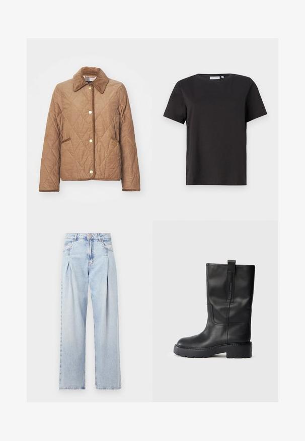 Barbour EMILIA beżowy; Czarna bawełniana koszulka z krótkim rękawem, okrągłym dekoltem i prostym, eleganckim designem. Brak widocznych wzorów lub ozdób.; Jasnoniebieskie dżinsy z wysokim stanem, szerokimi nogawkami, dwoma bocznymi kieszeniami oraz plisowanym wzorem. Miękka tekstura z wyblakłym wykończeniem.; Czarne skórzane botki do kolan o eleganckim designie, z grubą podeszwą i boczną pętelką ułatwiającą zakładanie. Zauważalne akcenty w postaci przeszyć.