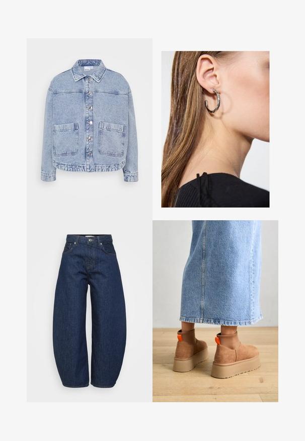 Svijetloplava traper jakna s kopčanjem sprijeda, dvije velike prednje džepove i ovratnikom. Ima blago skraćeni rub i opušteni fit.; Even&Odd Petite 2 PACK - Top - light grey/black; Tamno plave traperice s širokim, opuštenim krojem. Imaju patentni zatvarač, četiri džepa i kontrastni šav duž šavova.; Smeđe suede platform čizme s elastičnim bočnim panelima i narančastim vučnim trakama, uparenim s suknjom od svijetlog denima do koljena na drvenom podu.; Srebrna kružna naušnica s poliranim završetkom, koja ima male zlatne detalje i okrugli oblik, nošena na uhu.