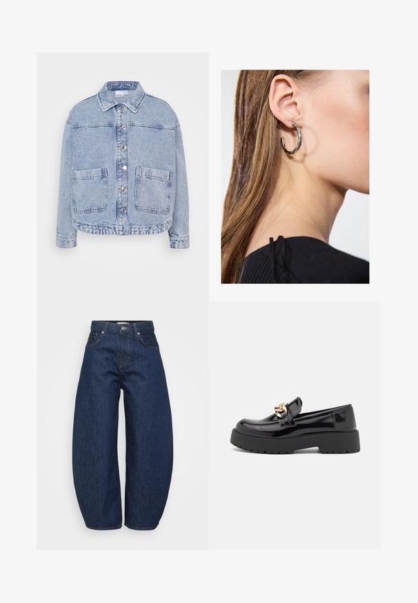 Gaiši zils denim jaku ar pogu priekšpusi, divām lielām priekšējām kabatām un apkakli. Ar nedaudz īsāku apakšmalu un relaksētu piegriezumu.; Even&Odd Petite 2 PACK - Tops - light grey/black; Tumši zili džinsa džinsi ar plašu, vaļīgu pieguļošanu. Ir rāvējslēdzēja aizdare, četri kabatas un kontrastējošas šuves gar šuvēm.; Melni lakoti mokasīni ar masīvu melnu zoli un zelta aksesuāriem. Gluda tekstūra un noapaļota purngala dizains.; Sudraba auskars ar pulētu apdari, ar maziem zelta akcentiem un apaļu formu, uz ausu ļipiņas.