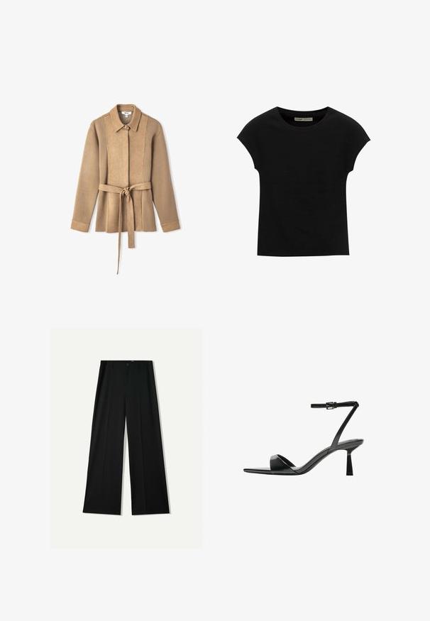 Tan suède jack met kraag, lange mouwen en een ceintuur in de taille. Beschikt over verticale pandenstiksels en een knoopsluiting.; Zwart T-shirt met korte mouwen en een ronde halslijn. Gemaakt van soepel, rekbaar katoenen stof. Eenvoudig ontwerp zonder patronen of afbeeldingen.; Bershka WIDE - Broek - black; Bershka Sandalen met hoge hak - black