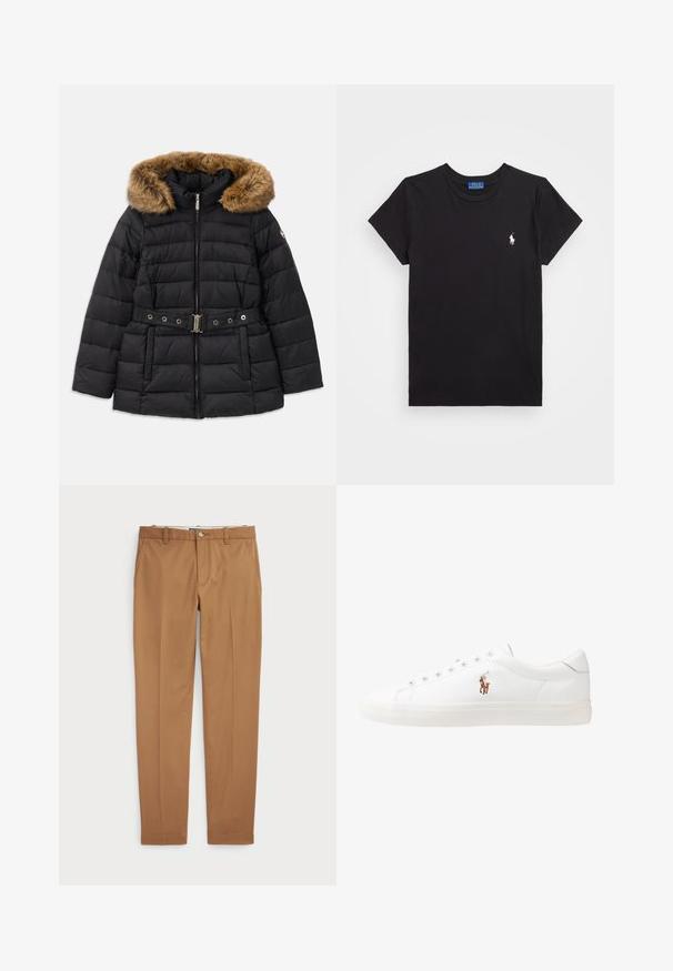 Schwarze Daunenjacke mit einer Kapuze aus Kunstfell, Reißverschluss und einem dekorativen Gürtel mit Metallbeschlägen. Ge quiltetes Muster.; Schwarzes Baumwoll-T-Shirt mit Rundhalsausschnitt, kurzen Ärmeln und einem weißen gestickten Logo auf der linken Brust. Glatte Textur, lässiges Design.; Braune Baumwollhosen mit schmalem Schnitt, flachem Vorderteil und Standardtaschen; glatte Textur und abgeschnittene Säume.; Weiße Leder-Sneaker, niedrig geschnitten, mit glatter Textur, runder Zehenpartie, Schnür vorne und kleinem gesticktem Logo an der Seite.