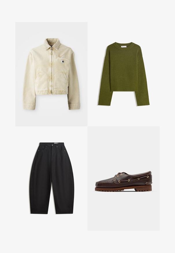 Bežová skrátená bunda vyrobená z mäkkej textílie, s predným zipsom, golierom, dvoma bočnými vreckami a malou nášivkou loga na hrudi.; Olivovo zelený pletený sveter s okrúhlym výstrihom, dlhými rukávmi a rebrovaným lemom. Vyznačuje sa skráteným strihom s jemným, textúrovaným povrchom.; Čierne široké nohavice vyrobené z bavlny, s vysokým pásom, piatimi vreckami a kovovým zapínaním. Hladká textúra a žiadne viditeľné vzory.; Hnedé kožené loďkové topánky so zlatými očkami, okrúhlymi šnúrkami a štruktúrovanou hnedou gumovou podrážkou. Obsahuje prešívané detaily a vyvýšené logo.
