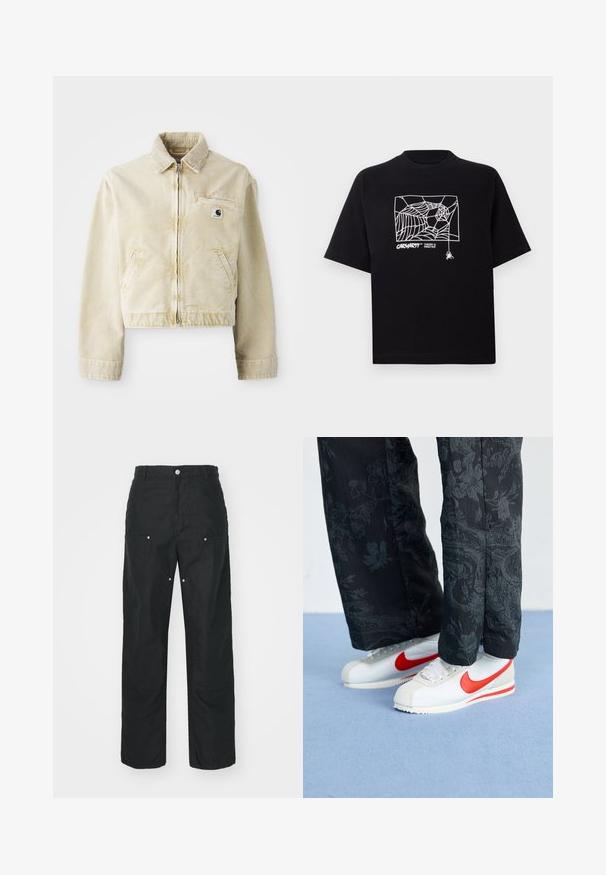 Jachetă scurtă bej, realizată dintr-un material moale, cu fermoar frontal, guler, două buzunare laterale și o mică etichetă cu logo pe piept.; Tricou negru din bumbac, cu mâneci scurte. Dispune de un grafic alb cu o pânză de păianjen și un logo pe față. Guler simplu, rotund.; Pantaloni negri cu un design drept, realizați dintr-un material texturat. Prezintă accesorii decorative din argint și detalii unice în cusături.; Adidași albi Nike cu accente roșii, asortați cu pantaloni negri cu un model floral. Textura este netedă, cu o talpă plată împletită.