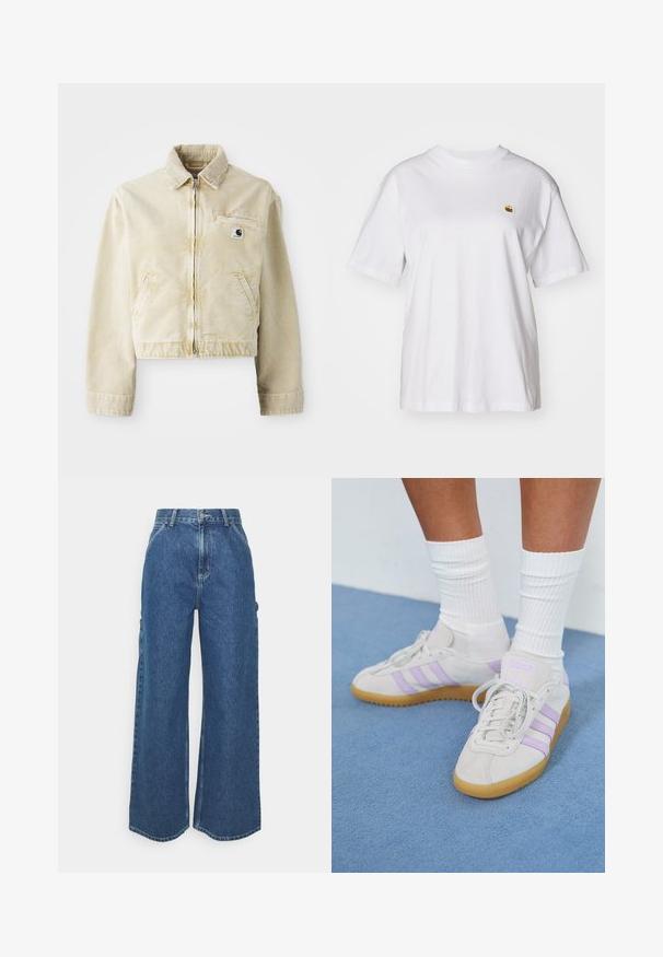 Beżowa krótka kurtka wykonana z miękkiego materiału, z suwakiem z przodu, kołnierzem, dwiema bocznymi kieszeniami oraz małą naszywką z logo na piersi.; Biała bawełniana koszulka z luźnym krojem, krótkimi rękawami i małym haftowanym logo po lewej stronie klatki piersiowej.; Szerokie niebieskie dżinsowe spodnie z wysokim stanem, kontrastowymi szwami i bocznymi kieszeniami, z klasycznym pięciokieszeniowym wzorem i surowymi brzegami.; Jasnoszare zamszowe sneakersy z trzema liliowymi paskami, gumową podeszwą, płaskimi sznurówkami i białymi prążkowanymi skarpetkami. Na tle niebieskiego tła.