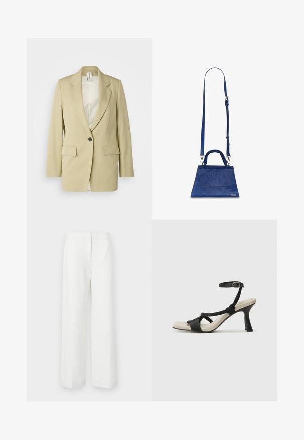 DRYKORN GLENDALE - Pitkä takki - yellow; Hihaton vaalea beige toppi, joka on valmistettu ribbausmateriaalista, ja siinä on pyöreä pääntie sekä selkeä, minimalistinen muotoilu.; Valkeat leveälahkeiset housut, joissa on sileä pinta ja litteä etuosa, varustettuna prässätyillä taitteilla. Ne on valmistettu kevyestä kankaasta, ilman näkyviä kuvioita.; Mustat korkokengät, joissa on punottuolkaiminen design, neliömäinen kärki ja säädettävä nilkkahihna. Vaaleanbeige jalkapohja ja kiiltävä musta korko.; Sininen teko-nahkainen käsilaukku, jossa on kolmiomainen muoto, yläkahva ja säädettävä olkahihna. Ominaisuuksia ovat sileä pinta ja etuläpän yksityiskohta.