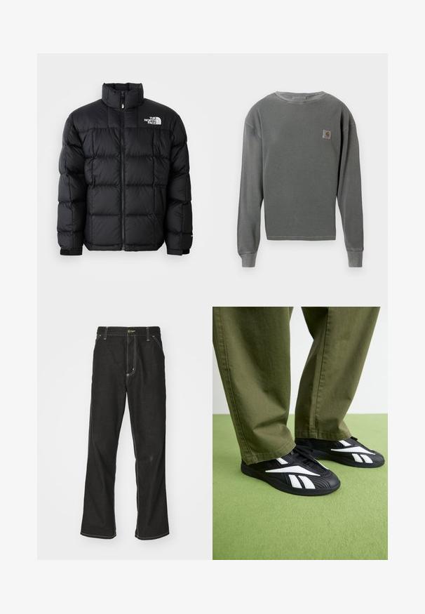 Jachetă puffer neagră cu guler înalt, cusături orizontale și închidere cu fermoar. Dispune de un logo pe partea stângă sus și de mansete cu velcro.; Pulover gri cu mânecă lungă și guler rotund, cu textură corduroy, având un mic logo pătrat pe partea stângă a pieptului și manșete corduroy.; Jeans negri din denim, cu o croială largă, cu cusături albe contrastante, închidere cu nasture și un design cu picior drept.; Pantofi sport negri cu accente albe, având un exterior texturat și un vârf rotund, asociați cu pantaloni verzi măslinii.