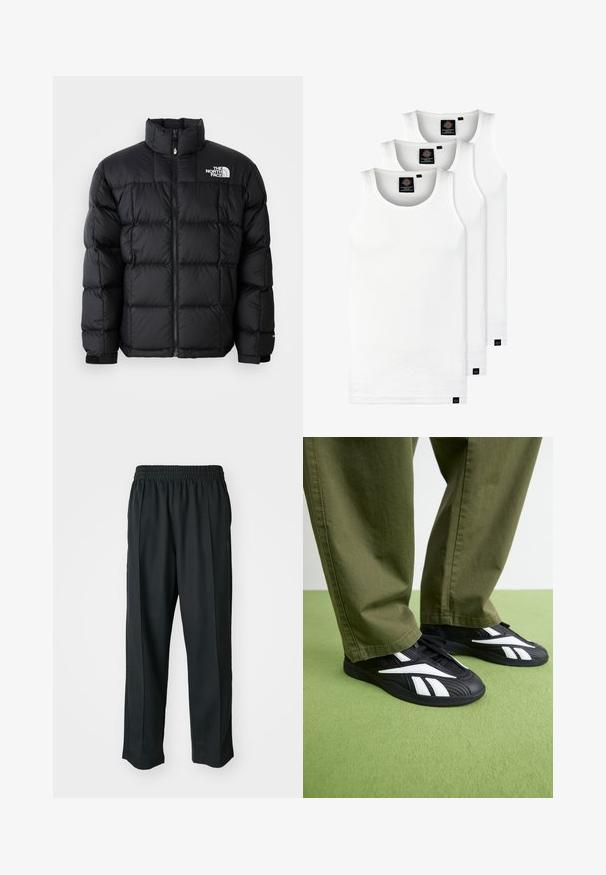 Crna puf jakna s visokim ovratnikom, horizontalnim šavovima i zatvaranjem na patentni zatvarač. Sadrži logo na gornjoj lijevoj strani i čičak manžete.; Tri bijele rebraste majice bez rukava od pamuka. Imaju okrugli izrez i male crne oznake blizu rubova. Dostupne su u više veličina.; Crne atletske hlače s elastičnim pojasom, izrađene od glatkog materijala, s diskretnim bočnim šavovima i opuštenim krojem, ravne nogavice.; Crne sportske cipela s bijelim detaljima, s teksturiranim gornjim dijelom i zaobljenim prstom, u kombinaciji s maslinasto zelenim hlačama.