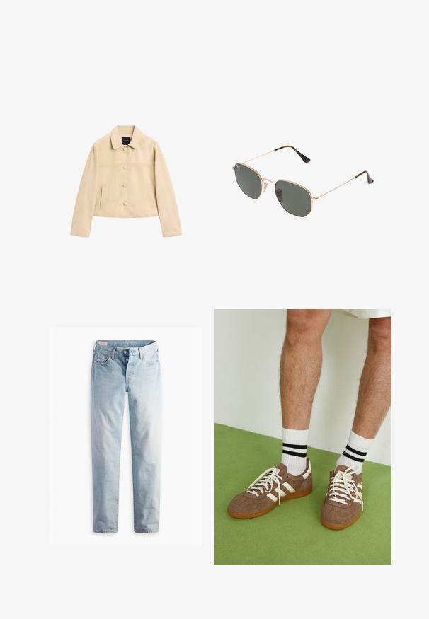 Beige suède jas met een kraag, knopen aan de voorkant en twee zijzakken. Heeft een licht cropped ontwerp en eenvoudige stikdetails.; Witte top met lange mouwen en een diepe V-hals, geribbelde textuur op de schouders en een aansluitende pasvorm. Etiket zichtbaar bij de hals.; Lichtblauwe denim jeans met een rechte pijp, twee voorzakken en twee achterzakken. Inclusief een dubbele knoopsluiting en subtiele stiksels.; Bruine suède sneakers met witte accenten en veters. Rubberen gumzool. Draag met witte sokken met zwarte strepen. Groene gestructureerde vloer.; Gouden metalen zonnebril met donkergroene lenzen, aviator-stijl, met slanke scharnieren en schildpad-accenten op de uiteinden.; Gianni Chiarini DUA - Handtas - moka