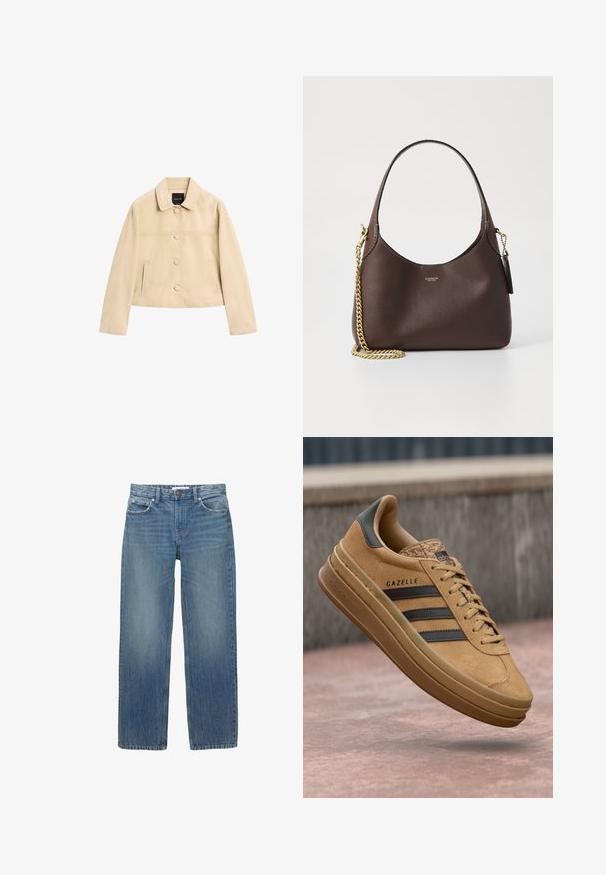 Béžová semišová bunda s límcem, předními knoflíky a dvěma bočními kapsami. Disponuje mírně zkráceným střihem a jednoduchými švy.; Bílá košile s dlouhými rukávy, klasickým límcem a malým modrým logem na manžetě. Hladká bavlněná tkanina, strukturovaný střih.; Světle modré džínové kalhoty se střihiem do rovna, pěti kapsami a měděným kováním. Látka má mírné vyblednutí a hladkou texturu.; Světlé semišové tenisky s hladkou texturou, se třemi tmavými pruhy, zaoblenou špičkou a silnější podrážkou se vzorovaným okrajem.; COACH BROOKLYN SHOULDER BAG 23 - Kabelka - maple