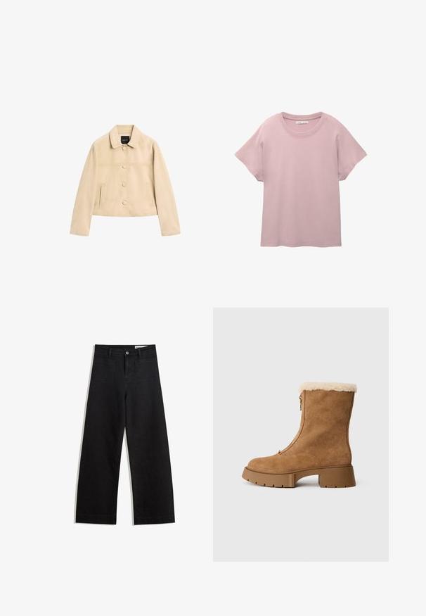 Béžová semišová bunda s límcem, předními knoflíky a dvěma bočními kapsami. Disponuje mírně zkráceným střihem a jednoduchými švy.; Světle růžové tričko s krátkým rukávem vyrobené z hladkého bavlněného materiálu. Má kulatý výstřih a volný střih s rovnou spodní linií.; Černé denimové kalhoty s volným střihem a vysokým pasem, vybavené předními a zadními kapsami, prošívanými švy a knoflíkovým zapínáním. Hladká textura.; Hnědé nubukové kotníkové boty s jemným krémovým podšívkou, bočním zipem a robustní gumovou podrážkou. Vyznačují se hladkým povrchem a zaoblenou špičkou.
