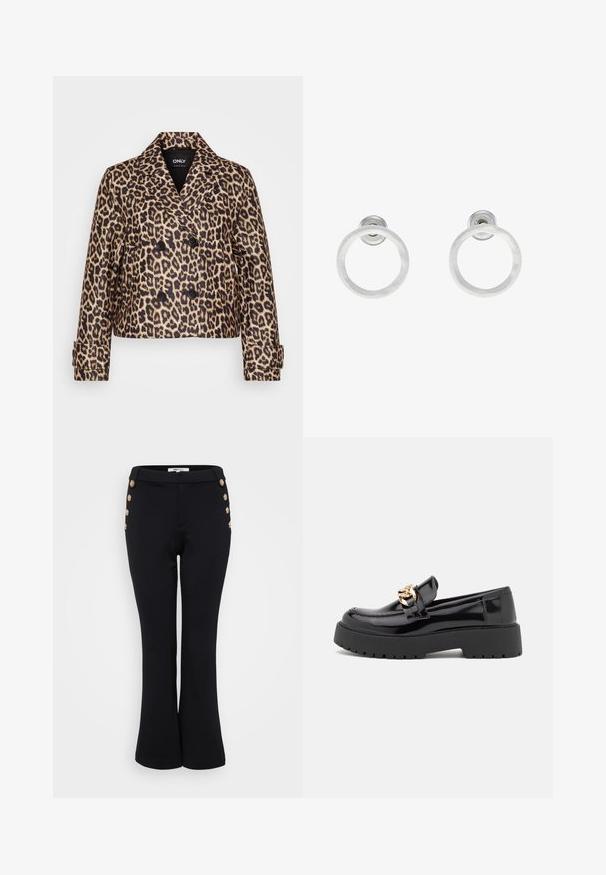 Jakna s leopardjim vzorcem, dvorednim zapenjanjem in črnimi gumbi, z izrezom na ovratniku in strukturirano, skrajšano obliko. Gladek material z teksturiranim videzom.; Even&Odd Petite 2 PACK - Top - light grey/black; Črne razširjene hlače iz gladkega materiala, ki imajo zlate gumbne detajle ob pasu in oprijet silhueto.; Črni lakirani usnjeni loafers s debelim črnim podplatom in zlato kovinsko opremo. Gladka tekstura in zasnova zaokroženega nosu.; Srebrni kovinski obročasti uhani z brušenjem, s krožno obliko in prozornim zatičem za varno nošenje.