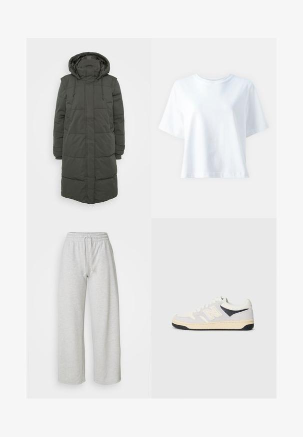 Casaco puffer comprido com capuz em verde escuro. Apresenta seções acolchoadas, cordões ajustáveis e bolsos laterais. Feito de material resistente à água.; T-shirt de algodão branco com decote redondo, mangas curtas, corte solto e textura suave. Não apresenta padrões ou detalhes visíveis.; Even&Odd Petite Calças de fato de treino - mottled light grey; Sapatilhas de desporto em branco, cinza e preto. Apresentam materiais em camurça e tecido, ponta perfurada e logótipo na lateral. Sola em borracha.