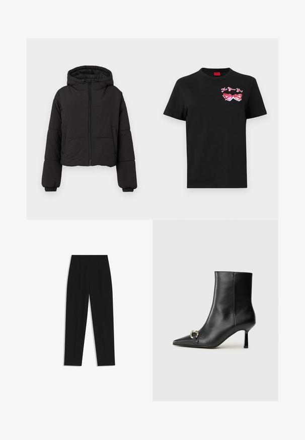 Sort cropped puffer-jakke med hætte, med en fuld lynlås foran, elastiske manchetter og et diskret logo på brystet.; Sort bomulds t-shirt med korte ærmer, der har et pink grafisk motiv af solbriller og teksten "Not Your Girl" på venstre brystområde.; Sorte bukser med lige pasform, der har dobbelte folder, en glat tekstur og et klassisk taljedesign. Ingen synlige hardware eller accenter.; Sort læder ankelstøvle med spidse tæer, slank hæl i mellemhøjde og sølvspænde detaljer på siden mod en ensfarvet baggrund.