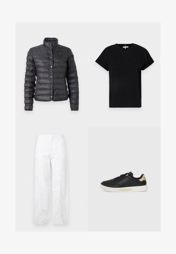 Black puffer jacket with a stand-up collar, snap button closure, quilted texture, and logo patch on the left chest.; Black cotton t-shirt with rolled short sleeves, featuring an embossed logo in the center and a small flag accent on the side.; White wide-leg trousers made of lightweight fabric, featuring a smooth texture, clean lines, and a high waist design.; Black leather sneaker with a smooth texture, white rubber sole, gold accents on the heel and eyelets, featuring a logo on the side.