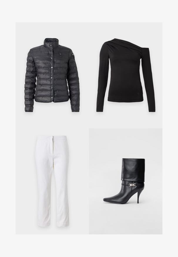 Schwarze Pufferjacke mit Stehkragen, Druckknopfverschluss, gesteppter Textur und Logopatch auf der linken Brust.; Schwarzes langärmliges Oberteil mit asymmetrischem Ausschnitt, eines der Schultern ist frei und sanft drapiert über der Brust.; Weiße Baumwollhose mit geradem Bein, mittelhoher Taille und ohne sichtbare Beschläge oder Muster. Glatte Textur auf der gesamten Fläche.; Schwarze Leder-Ankle-Boots mit spitzer Zehenpartie, hohen Stiletto-Absätzen, umgeschlagenem Schaft und einem goldenen dekorativen Schnallen-Detail an der Knöchel.