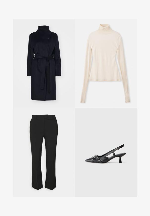 Marineblauwe wollen jas met hoge kraag, lange mouwen en een bijpassende riem. Heeft een enkele knopenclosure en een gladde textuur.; Romantisch crème coltrui gemaakt van zachte, gladde stof, met lange mouwen, een getailleerde pasvorm en een lichte rek voor comfort.; Zwarte op maat gemaakte broeken met een recht gesneden ontwerp, voorzien van riemlussen en zijzakken. Gemaakt van een gladde stof met een nette afwerking.; Zwarte leren slingback schoen met een puntige neus, decoratieve banden met metalen oogjes en een lage blokhak. Textuur oppervlak.