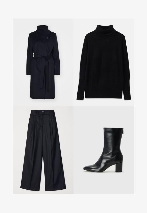 Mornarski kaput od vune s visokim ovratnikom, dugim rukavima i odgovarajućim remenom. Ima zatvaranje na jedan dugme i glatku teksturu.; Crni pulover s visokim ovratnikom izrađen od mekog materijala, s rebrastim detaljima na ovratniku i manžetama, s opuštenim krojem i bočnim prorezima.; Crne široke hlače izrađene od glatkog materijala, s visokim strukom, nabranim detaljima i krojem po mjeri. Jednostavan crni hardver na struku.; Crne kožne gležnjače s oštrim vrhom i blok petom visokom 4 cm. Elegantni dizajn s bočnim patentnim zatvaračem za jednostavno obuvanje. Glatka tekstura.