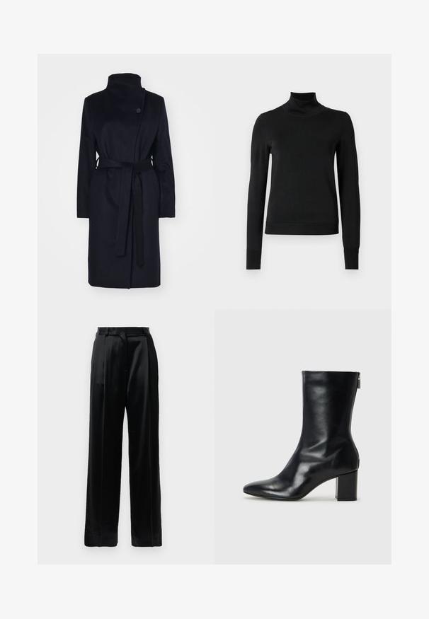 Marineblå uldfrakke med høj krave, lange ærmer og matchende bælte. Har en enkelt knaplukning og glat tekstur.; Sort langærmet turtleneck sweater med ribbede manchetter og kant, vist på en simpel hvid baggrund.; Sorte satinbukser med høj talje, lige brede ben, bæltestropper og flad lukning på en ensfarvet hvid baggrund.; Sorte læder ankelstøvler med spids tå og 4 cm blokhæl. Det slanke design har en sidelukning for nem påtagning. Glat tekstur.