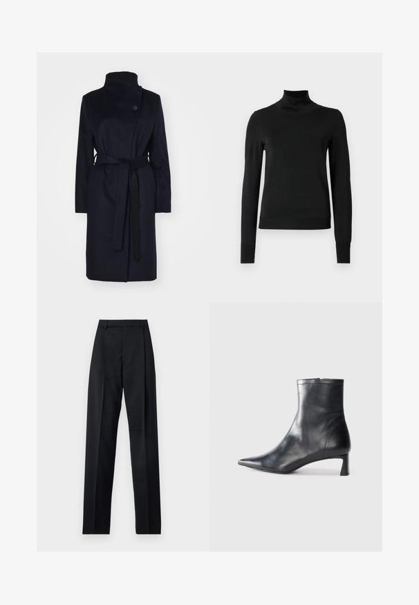 Tengeri gyapjú kabát magas gallérral, hosszú ujjakkal és illeszkedő övvel. Egysoros gombzáródással és sima felülettel rendelkezik.; Fekete, hosszú ujjú garbós pulóver bordás mandzsettákkal és aljjal, sima fehér háttér előtt bemutatva.; Fekete nadrág sima anyagból, magas derékkal, széles lábakkal, elülső redőkkel és klasszikus övhurkokkal. Oldalzsebek nem láthatók.; Fekete bőr bokacsizma hegyes orral és letisztult dizájnnal. Alacsony sarka és hátsó cipzáras záródása van. Simának tűnő textúra.