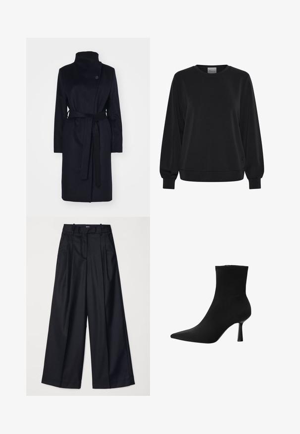 Námornícky vlnený kabát s vysokým golierom, dlhými rukávmi a zodpovedajúcim opaskom. Má jedno gombíkové zapínanie a hladkú textúru.; Čierna mikina s dlhými rukávmi, okrúhlym výstrihom a rebrovanými manžetami. Má hladkú textúru a jemný detail loga vpredu.; Čierne široké nohavice vyrobené z hladkej tkaniny, so zvýšeným pásom, plisovaním a strihom na mieru. Jednoduché čierne kovanie v oblasti pásu.; Čierne členkové čižmy z hladkej látky, s špicatou špičkou a štíhlým stiletto podpätkom, s bezšvovým dizajnom a bez viditeľných kovových častí.