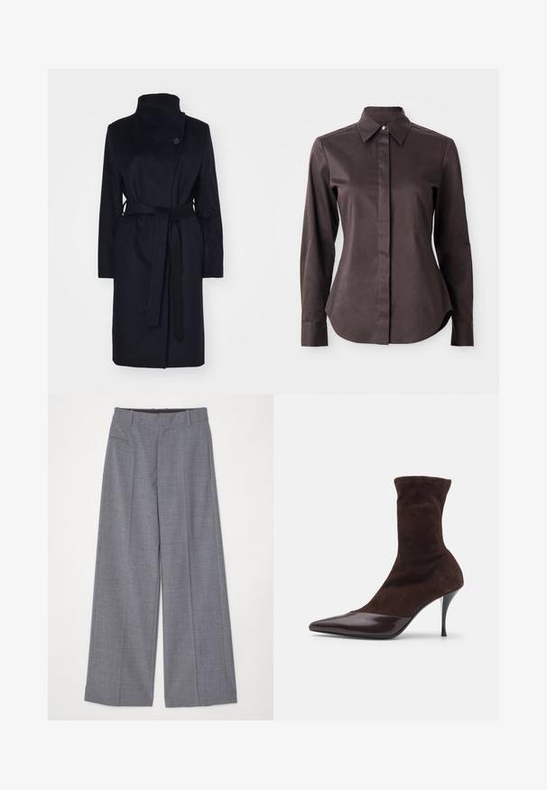 Cappotto in lana blu navy con colletto alto, maniche lunghe e cintura coordinata. Presenta una chiusura a un bottone e una texture liscia.; Camicia button-up marrone scuro a maniche lunghe con colletto a punta e bottone nascosto su sfondo bianco.; MM6 Maison Margiela PANTS - Pantaloni - grey melange; Stivale ankle in suede marrone con punta affusolata e copertura della punta in vernice bordeaux lucida, dotato di un sottile tacco a stiletto e superficie testurizzata.