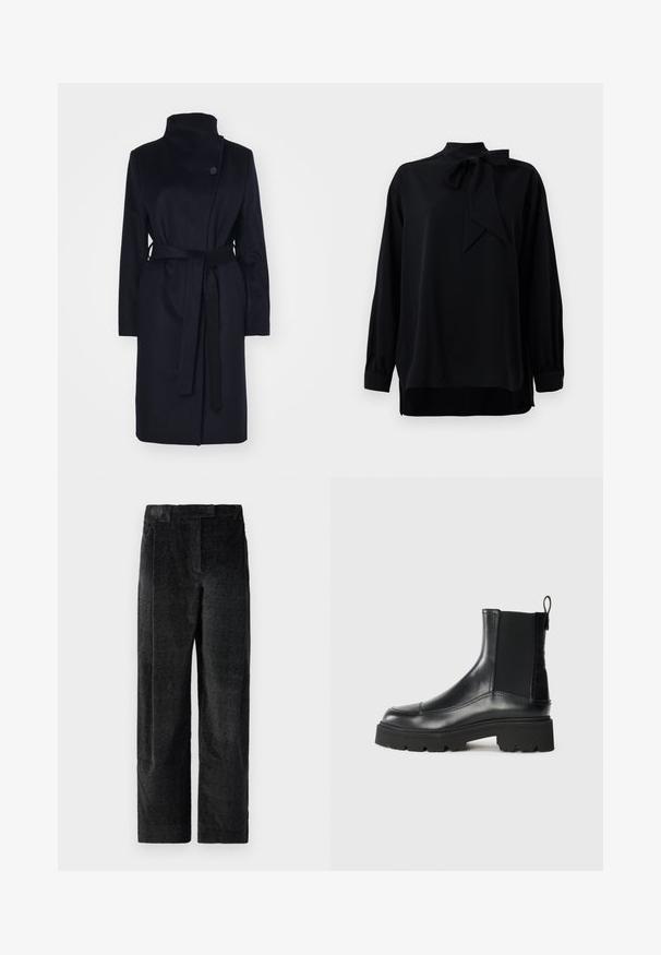 Jūras spēku krāsas vilnas mētelis ar augstu apkakli, garām piedurknēm un saskaņotu jostu. Ievērojama vienas pogas aizdare un gluda tekstūra.; Melna blūze ar augstu apkakli un ar šnīkeru detaļu. Garas piedurknes ar aprocēm. Izgatavota no gludas auduma ar brīvu piegriezumu.; Melnas, teksturētas platajās bikses ar izteiktu audumu, kas ietver priekšējos krokas un plakanu jostasvietu. Klasisks dizains daudzpusībai.; Melnas ādas potītes zābaki ar elastīgām sānu daļām, noapaļota purngala un biezs gumijas zole ar teksturētu zīmējumu, kas nodrošina saķeri.