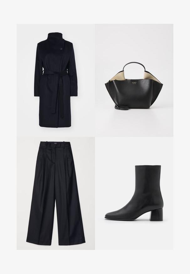 Marineblauwe wollen jas met hoge kraag, lange mouwen en een bijpassende riem. Heeft een enkele knopenclosure en een gladde textuur.; Zwarte lange mouw top van zachte stof, met een ronde halslijn en een ontspannen pasvorm met zijsplitten aan de onderkant voor gemak in beweging.; Zwarte wijde broek van soepel materiaal, met een hoge taille, plooien en een getailleerd ontwerp. Eenvoudige zwarte details bij de taille.; Zwarte leren enkelboot met een spitse neus en een chunky vierkante hak. Glad oppervlak met een naadloos ontwerp en minimalistische stiksels.; Ree Projects ANN TOTE MINI - Handtas - black