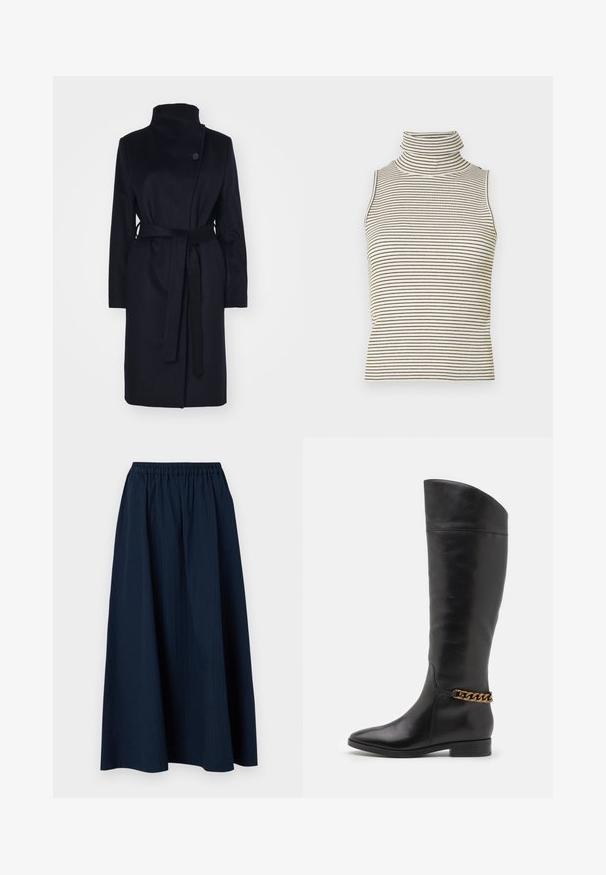 Tumesinine villane mantel kõrge krae, pikkade varrukate ja sobiva vöödiga. Omab ühte nup closure ja sileda tekstuuri.; Varrukateta turtleneck-särk, millel on vertikaalsed mustad ja valged triibud, valmistatud tekstureeritud kudumkangast ning millel on kõrge ja tihedalt istuv krae.; Tumedat sinine, põrandapikkune seelik, mis on valmistatud tekstuurilisest kangast, millel on elastne vöökoht ja kerged püstised triibud.; Kõrged mustad nahast saapad, millel on stiilne disain, terav nina ja kuldne kett aktsent pahkluul. Madal plokk-konts. Sile tekstuur.