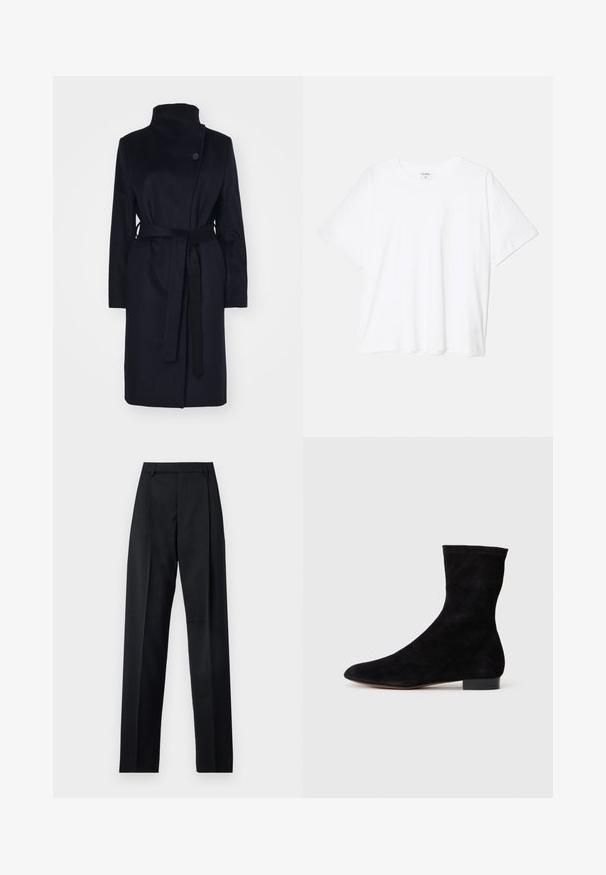 Tengeri gyapjú kabát magas gallérral, hosszú ujjakkal és illeszkedő övvel. Egysoros gombzáródással és sima felülettel rendelkezik.; Fehér pamut póló rövid ujjal, kerek nyakkivágással, laza fazonnal és varrott szegéllyel. Címke látható a belső nyakrészén.; Fekete nadrág sima anyagból, magas derékkal, széles lábakkal, elülső redőkkel és klasszikus övhurkokkal. Oldalzsebek nem láthatók.; Fekete velúr bokacsizma, illeszkedő szárral, hegyes orral és alacsony blokk sarokkal. Simább felület és minimalista dizájn, amely sokoldalú stílushoz megfelelő.