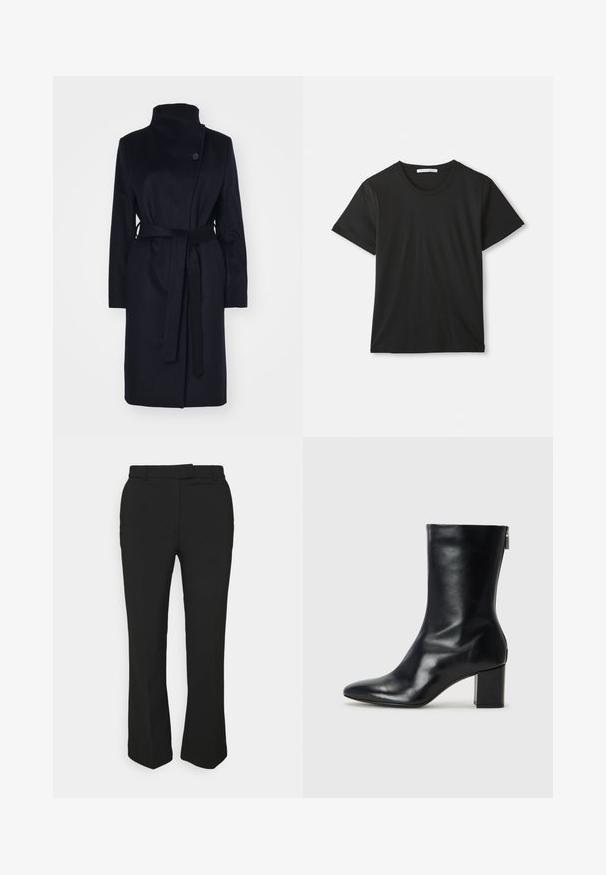Mornarsko volneno plašč s visokim ovratnikom, dolgimi rokavi in usklajenim pasom. Ima enojno gumbno zapiranje in gladko teksturo.; Črna kratka majica s kratkimi rokavi in okroglo ovratnikom iz bombaža, ležijo ravno na belem ozadju, z vidno blagovno oznako znotraj ovratnika.; Črne krojene hlače s ravnim krojem, z nožicami za pas in stranskimi žepi. Narejene iz gladkega materiala z čistim zaključkom.; Črne usnjene gležnjarje s koničastim nosom in 4 cm širokim peto. Elegantna zasnova vsebuje stranski zadrgo za enostavno obuvanje. Gladka tekstura.