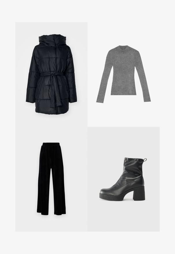 Parka nera con alto colletto, maniche lunghe, vita con cintura e motivo trapuntato. Realizzata in materiale leggero e morbido.; Maglione grigio a collo alto con maniche lunghe, realizzato in materiale a maglia testurizzata, con un design aderente e uno stile minimalista.; Pantaloni neri a gamba larga realizzati in morbido velluto, dotati di una cintura elastica e una superficie liscia, senza dettagli o motivi visibili.; Stivali neri alla caviglia in pelle liscia, con zip laterale, tacco spesso e texture, e punta arrotondata.