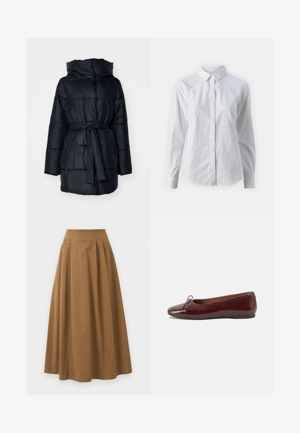 Sort pufferjakke med høj krave, lange ærmer, talje bælte og kviltet mønster. Fremstillet af glat, let materiale.; Hvid skjorte med knapper lavet af glat bomuld, der har en klassisk krave, lange ærmer og en buet kant. Knapperne er små og hvide.; Brun bomulds A-linjeet nederdel med høj talje, præget af læg foran og en glat tekstur. Endeafslutningerne er enkle og rene.; Bordeaux patentlæder balletflad med rund tå, lille sløjfeaccent foran og en lav, sort gummisål. Glat tekstur.