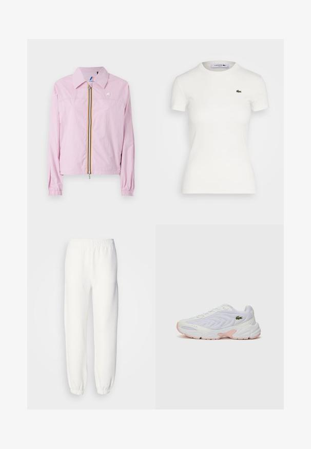 Rózsaszín, könnyű dzseki gallérral, elülső cipzárral, sárga és kék csíkokkal, rugalmas mandzsettákkal és egy kis logóval a mellrészen.; Fehér, rövid ujjú bordás póló kerek nyakkivágással és egy kis zöld Lacoste krokodil logóval a bal mellen. Simaságú pamut anyag.; Fehér melegítőnadrág puha, kötött anyagból. Rugalmas derékpánt és szegélyek lazán illeszkednek. Minimalista dizájn, látható minták vagy díszítések nélkül.; Fehér sportcipők textúrált hálós felsőrésszel, diszkrét rózsaszín akcentussal a talpon és zöld krokodil logóval az oldalon.